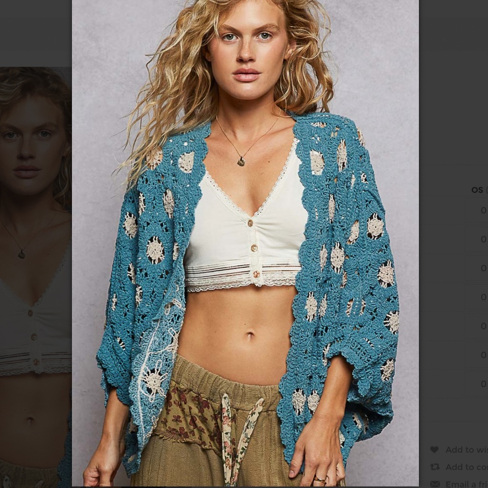 POL Blue Crochet Open-Front Cardigan with Cream Accents